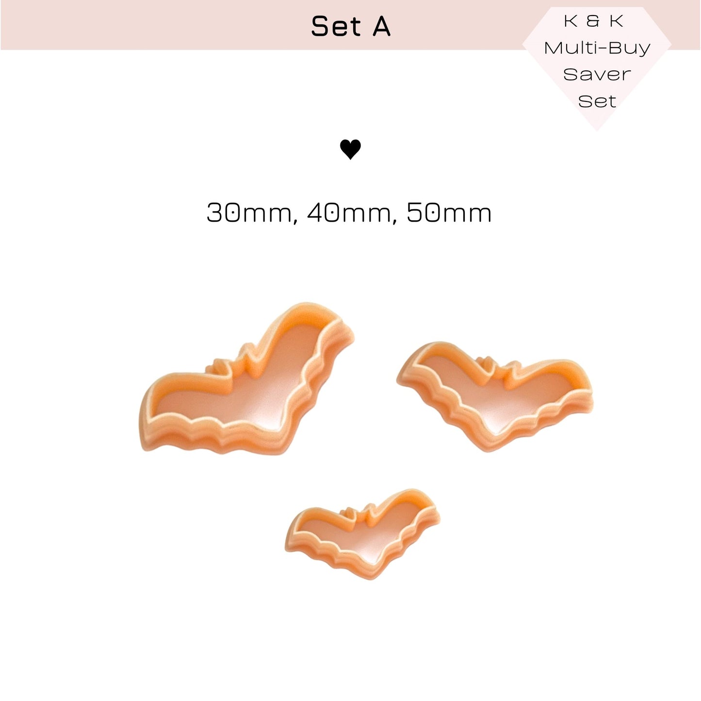 Three bat-shaped cookie cutters in a light peach-orange color, shown on a white background with text indicating sizes 30mm, 40mm, and 50mm, plus a 'K8K Multi-Buy Saver Set' badge.