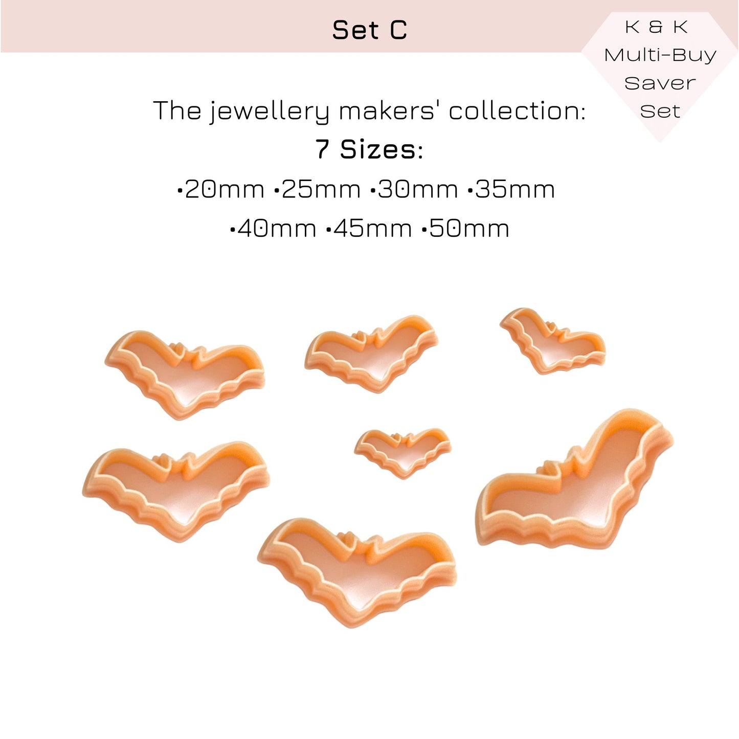 A set of bat-shaped cookie cutters in peach and orange tones, shown with text listing seven sizes and a 'K & K Multi-Buy Saver Set' label on a white background.