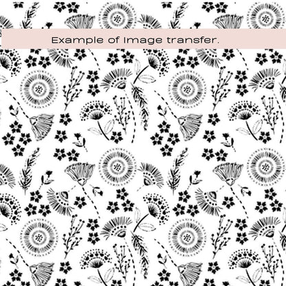 Black boho floral pattern on a white background with text 'Example of image transfer'. Silkscreen stencil for polymer clay.