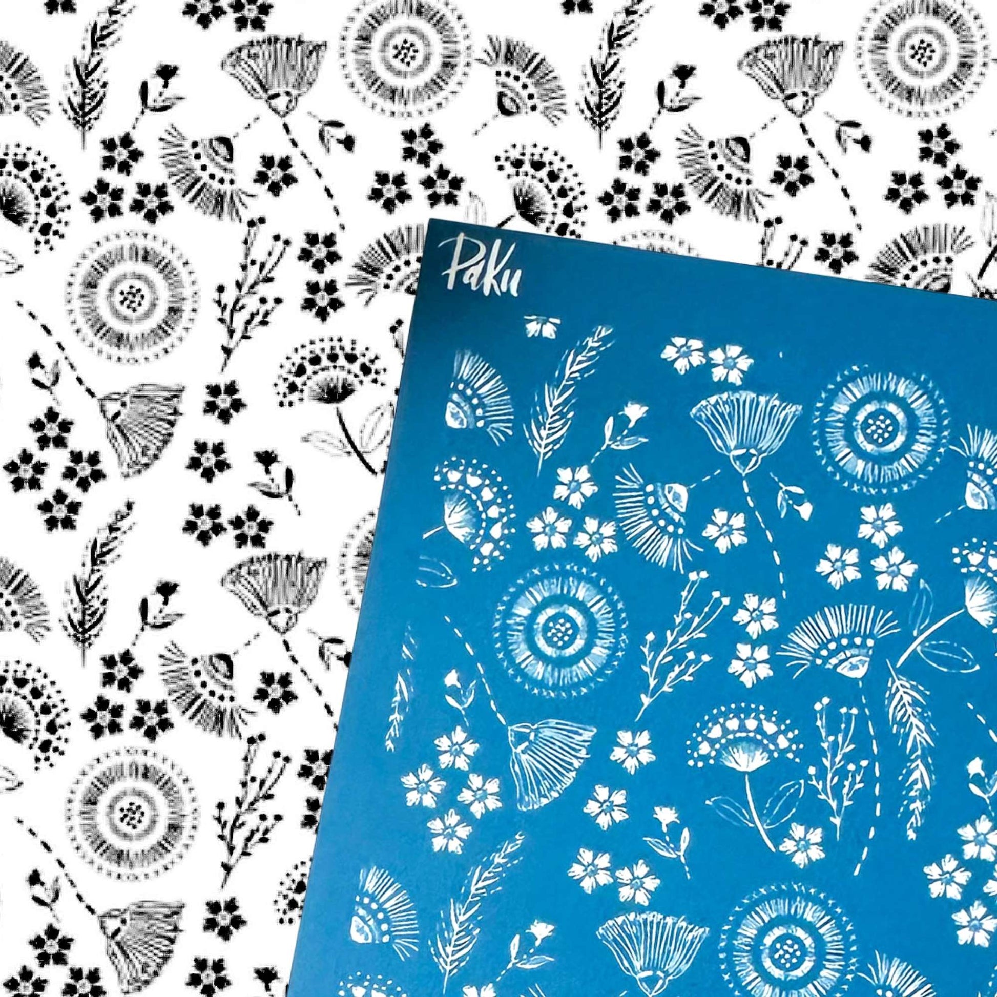 Blue floral silkscreen stencil - boho flowers pattern. Black and white patterned background of the image transfer.