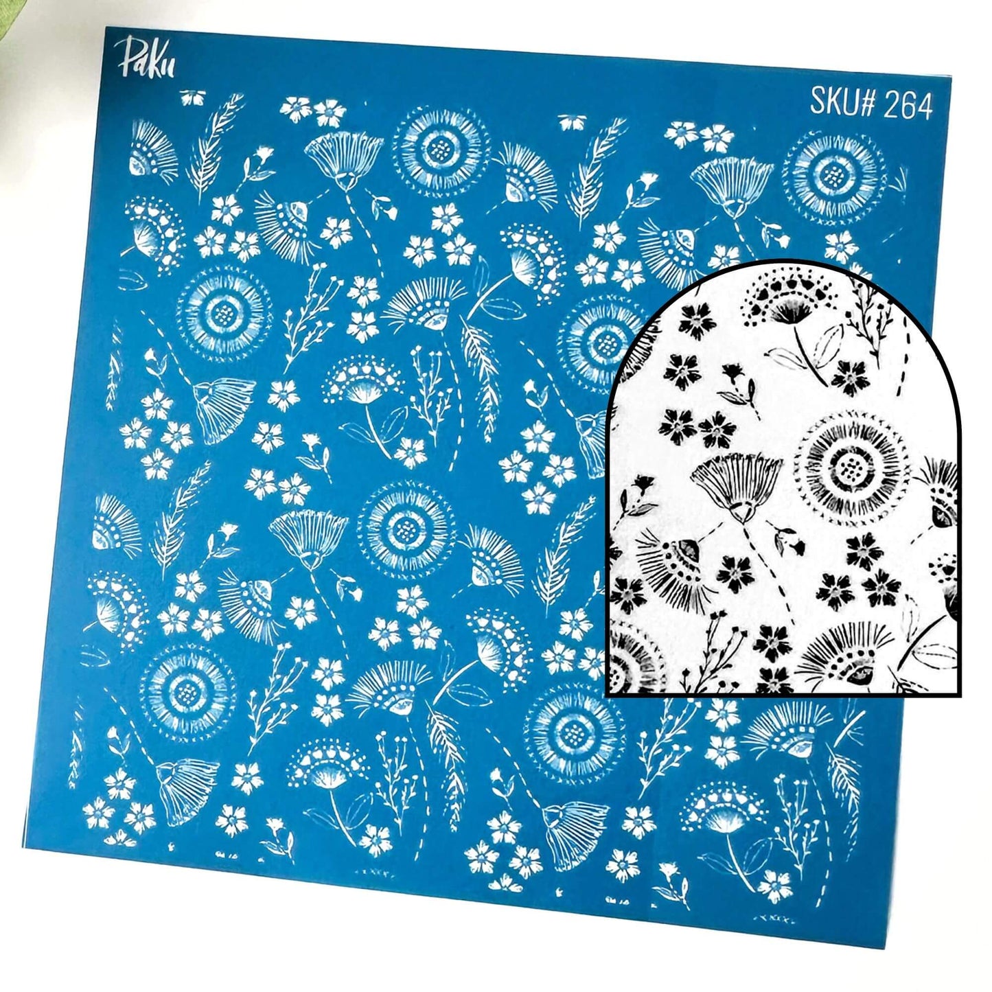 Blue floral silkscreen stencil - boho flowers pattern. Black and white patterned background of the image transfer.
