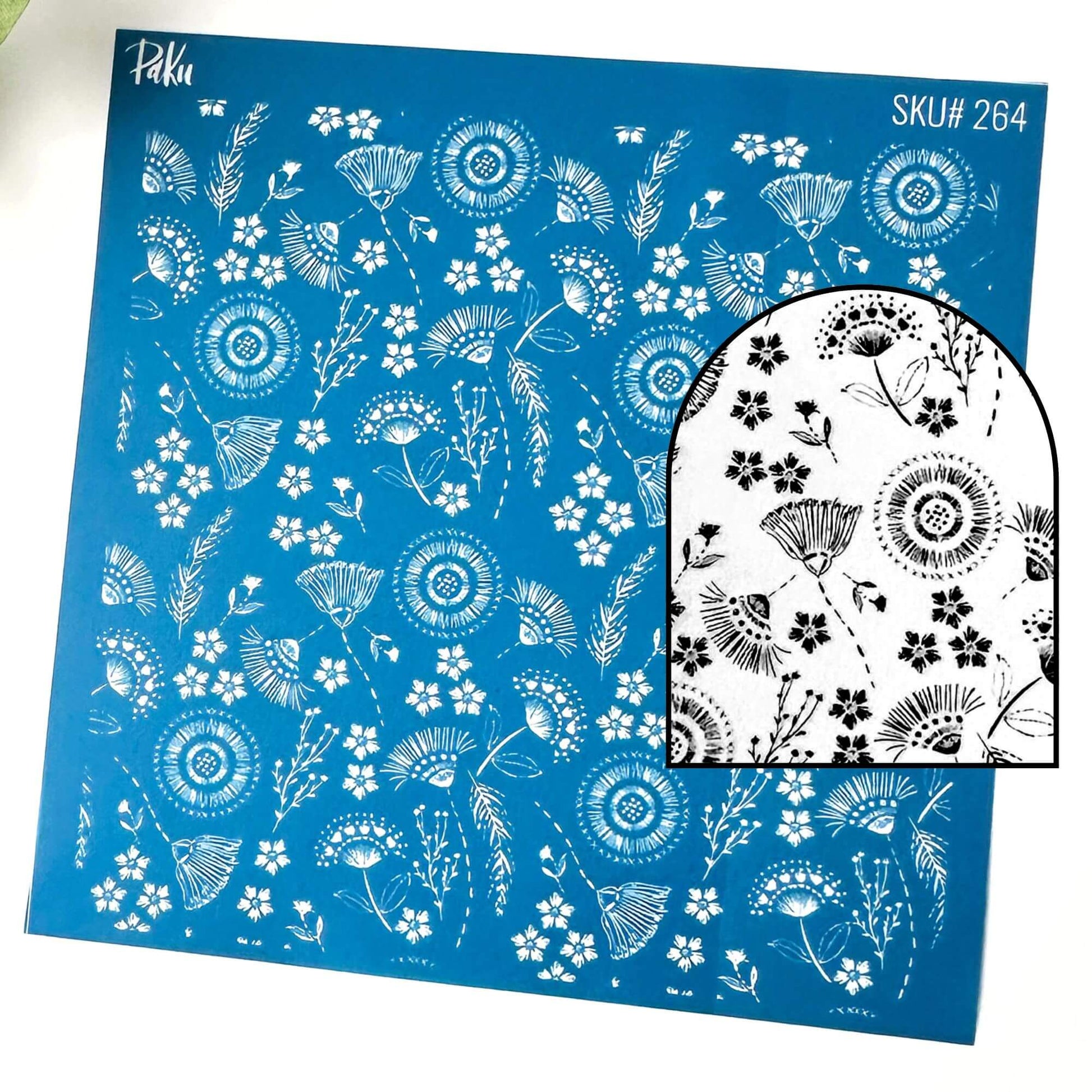 Blue floral silkscreen stencil - boho flowers pattern. Black and white patterned background of the image transfer.