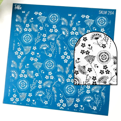 Blue floral silkscreen stencil - boho flowers pattern. Black and white patterned background of the image transfer.