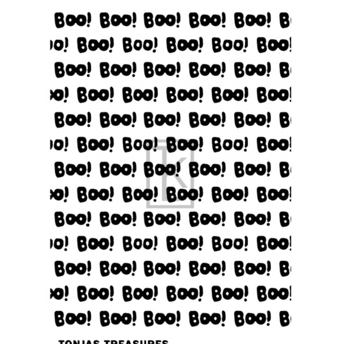 A sheet of black word 'BOO!' repeated in a playful font, with 'TONIAS TREASURES' printed below on a white background.