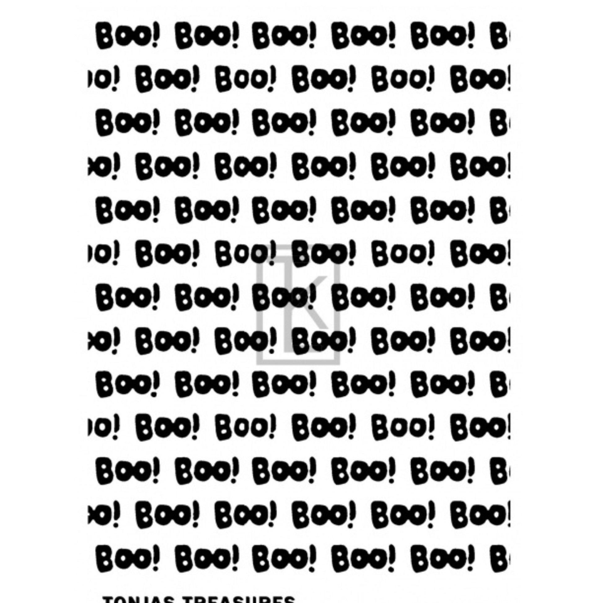 A sheet of black word 'BOO!' repeated in a playful font, with 'TONIAS TREASURES' printed below on a white background.