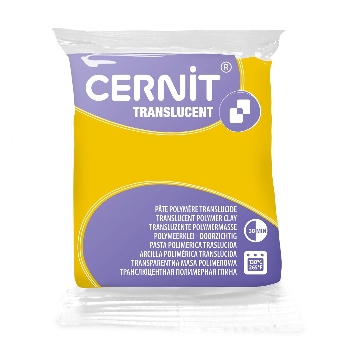Cernit Translucent polymer clay in colour corn. A bright yellow with fresh golden undertones, Corn cures to a clear, glowing finish that allows light to pass beautifully through the clay. Its sunny tone makes it ideal for faux resin pieces and citrus effects.