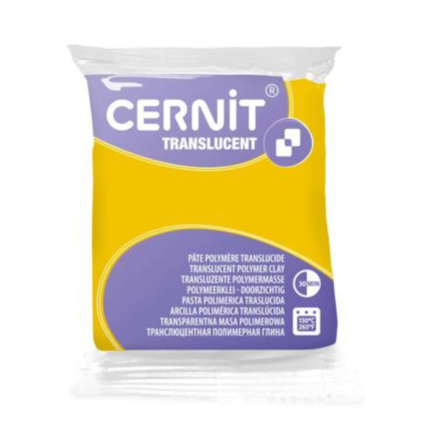 Cernit Translucent polymer clay in colour corn. A bright yellow with fresh golden undertones, Corn cures to a clear, glowing finish that allows light to pass beautifully through the clay. Its sunny tone makes it ideal for faux resin pieces and citrus effects.