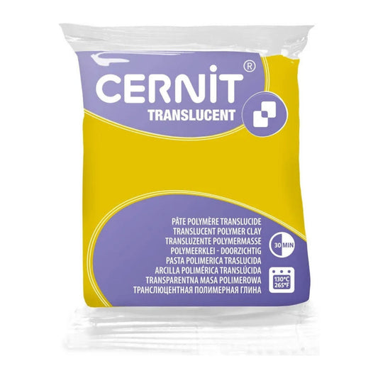 Cernit Translucent polymer clay in colour corn. A bright yellow with fresh golden undertones, Corn cures to a clear, glowing finish that allows light to pass beautifully through the clay. Its sunny tone makes it ideal for faux resin pieces and citrus effects.