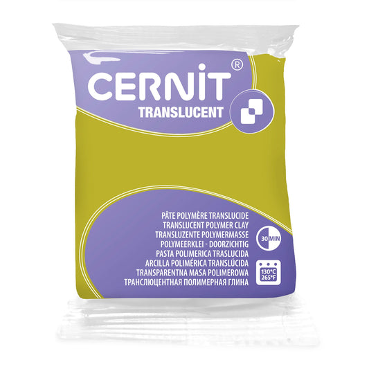 Cernit Translucent polymer clay in colour mirabelle. A warm, golden yellow inspired by ripe mirabelle plums, it cures to a glowing, honeyed finish with beautiful light transmission. Its soft amber tone makes it perfect for faux resin, stained-glass effects, and realistic gemstone-style designs.