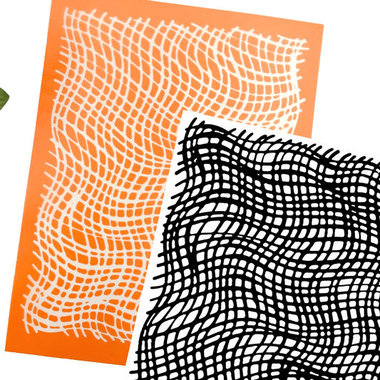 Orange silkscreen stencil for surface painting on clay. The black and white overlay is the mirror image of the cheesecloth silkscreen image.