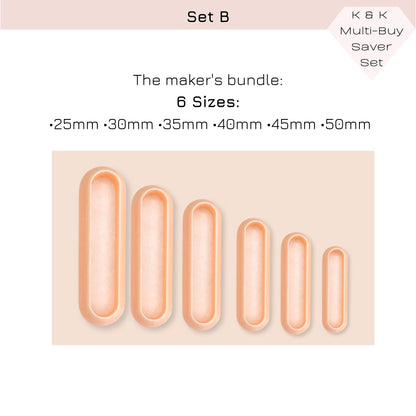Product information graphic for a long oval clay cutter set labeled 'Set B' and 'The maker's bundle: 6 Sizes: 25mm, 30mm, 35mm, 40mm, 45mm, 50mm'. It shows six peach-colored oval clay cutter tools in descending size order on a pale beige background.