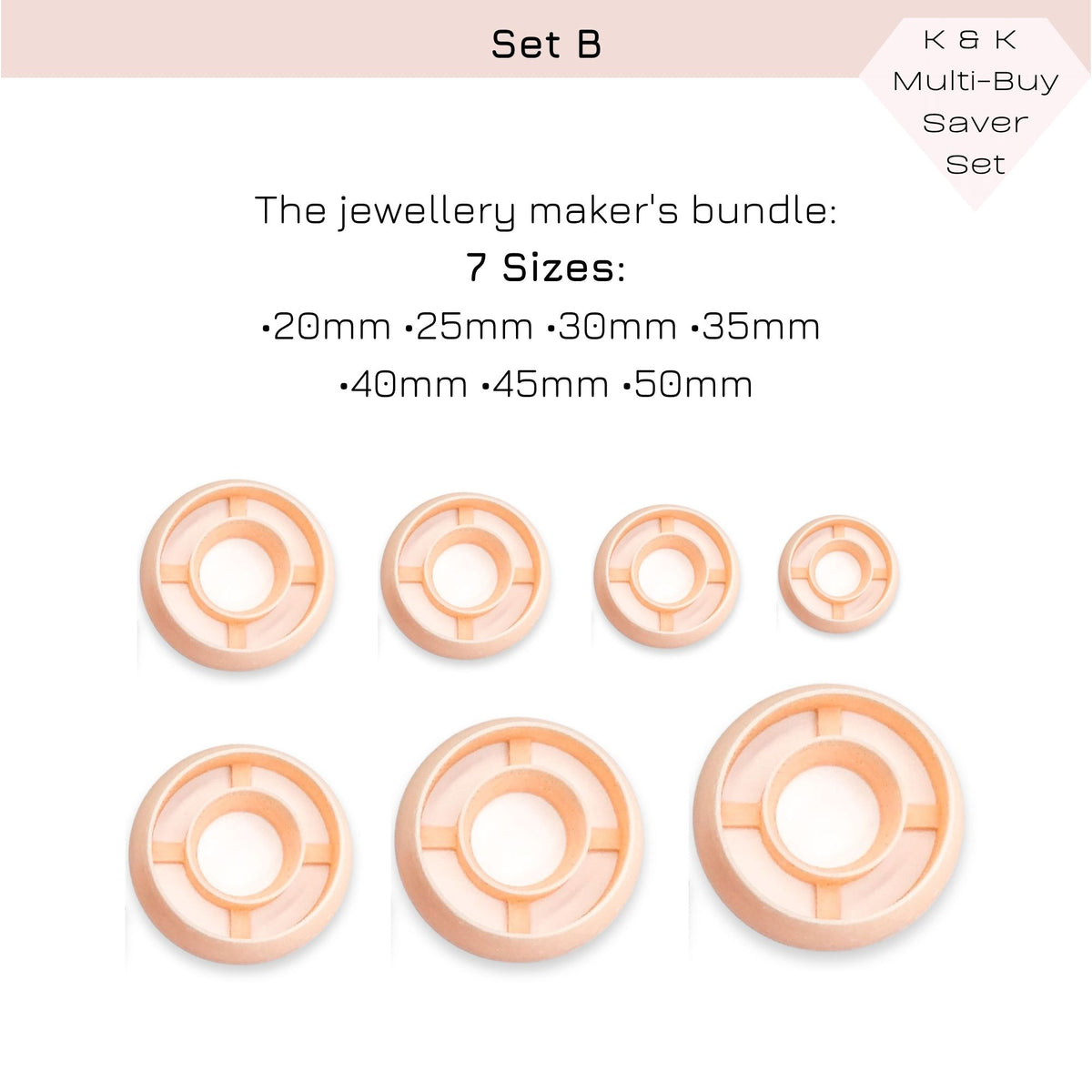 A product information graphic for a jewellery maker's bundle set labeled Set B. The image shows six peach-colored round plastic clay cutters in graduated sizes, with text listing seven sizes from 20mm to 50mm.