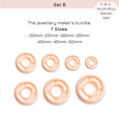 A product information graphic for a jewellery maker's bundle set labeled Set B. The image shows six peach-colored round plastic clay cutters in graduated sizes, with text listing seven sizes from 20mm to 50mm.
