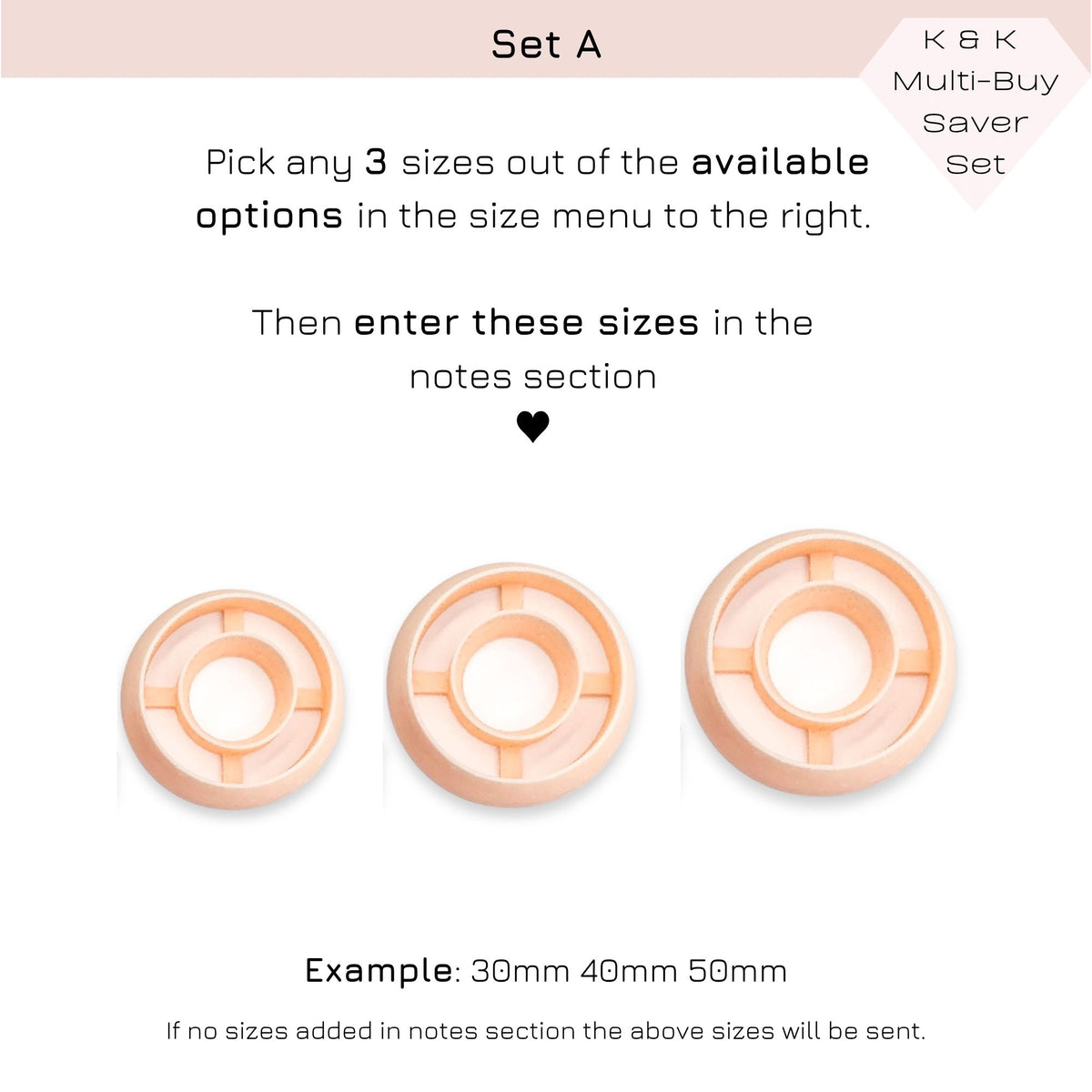 Instruction graphic for a 3-piece size set labeled Set A, showing three peach-colored circular clay cutters on a white background with text explaining how to choose sizes from the menu and enter them in the notes section.