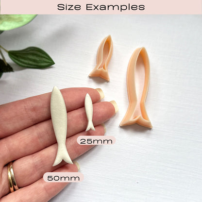 Sardine clay cutter. Long fish shape cutting tool for handmade jewellery making. The 25 and 50mm are shown.
