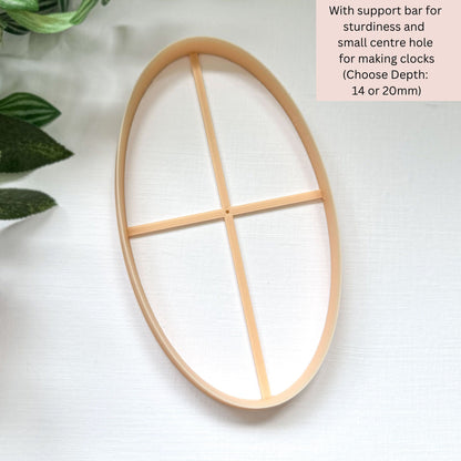 Large oval clay cutter with inner support bar for sturdiness and small centre hole for making clocks. choose depth 14 or 20mm.