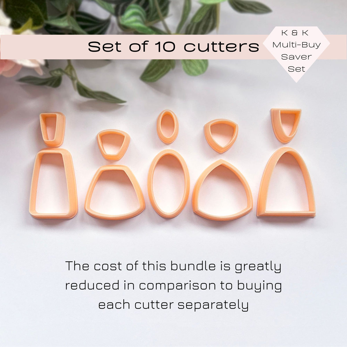 Set of 10 cookie clay cutters in peach-colored plastic arranged on a white background with decorative green leaves at the top. Text overlays read 'Set of 10 cutters' and 'The cost of this bundle is greatly reduced in comparison to buying each cutter separately.