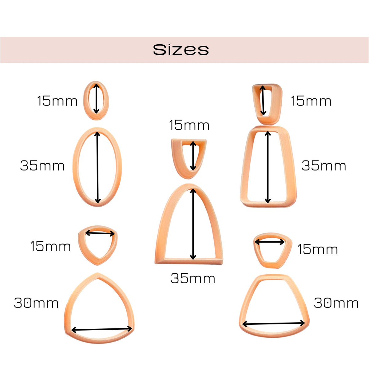 Sizes chart showing multiple peach-colored clay cutter shapes with black dimension arrows and labels such as 15mm, 35mm, and 30mm under the heading 'Sizes'.