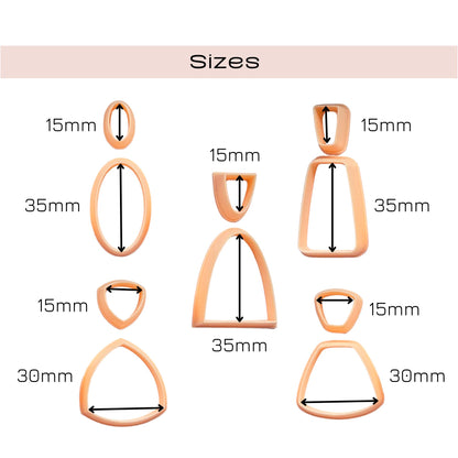 Sizes chart showing multiple peach-colored clay cutter shapes with black dimension arrows and labels such as 15mm, 35mm, and 30mm under the heading 'Sizes'.