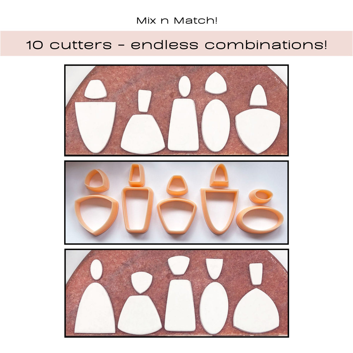 A collage showing a set of 10 cookie cutters in orange, demonstrated on white clay over a brown surface. Text at the top reads 'Mix n Match! 10 cutters - endless combinations!'.