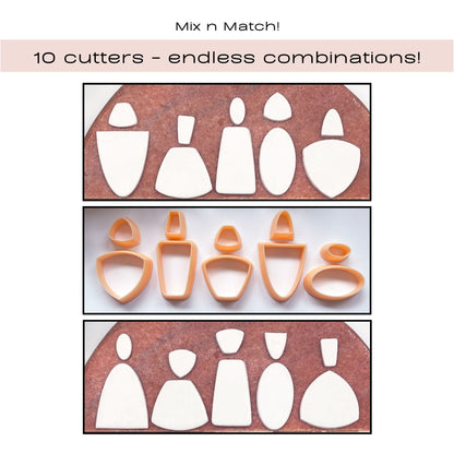 A collage showing a set of 10 cookie cutters in orange, demonstrated on white clay over a brown surface. Text at the top reads 'Mix n Match! 10 cutters - endless combinations!'.
