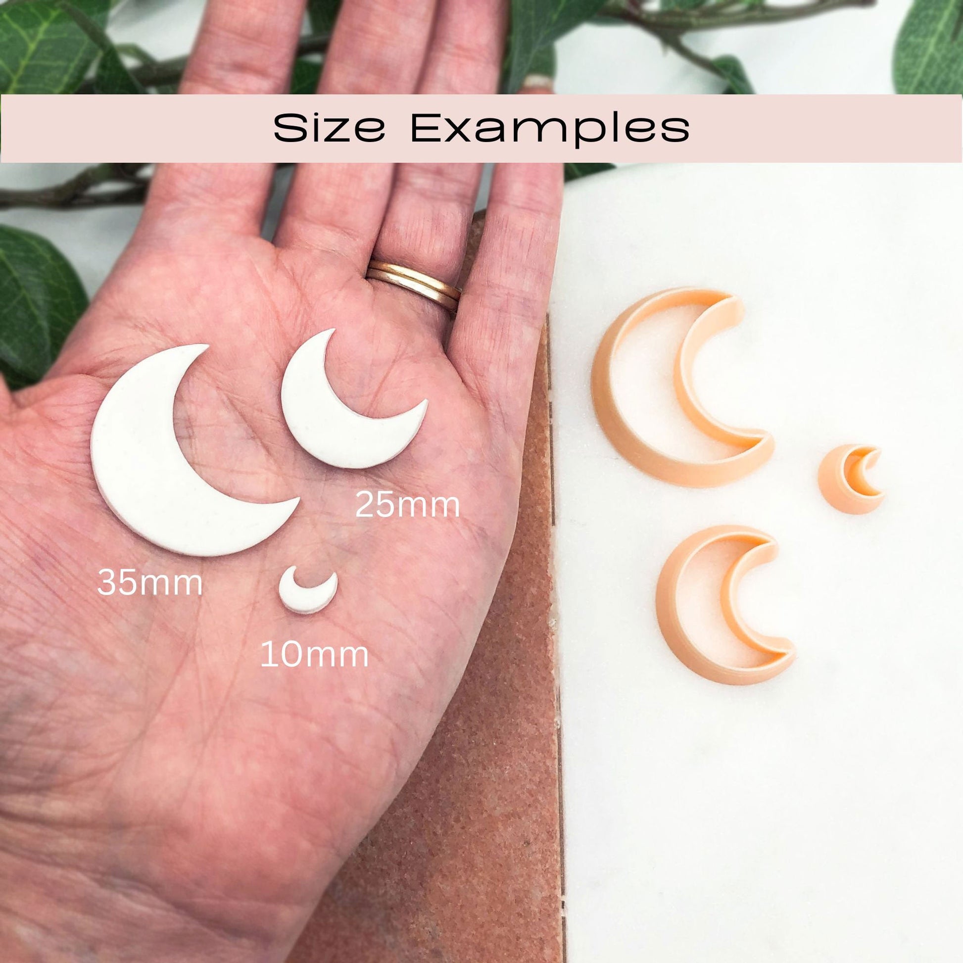 Crescent Moon Clay Cutter - for polymer clay, size examples in a 10mm, 25mm, 35mm.