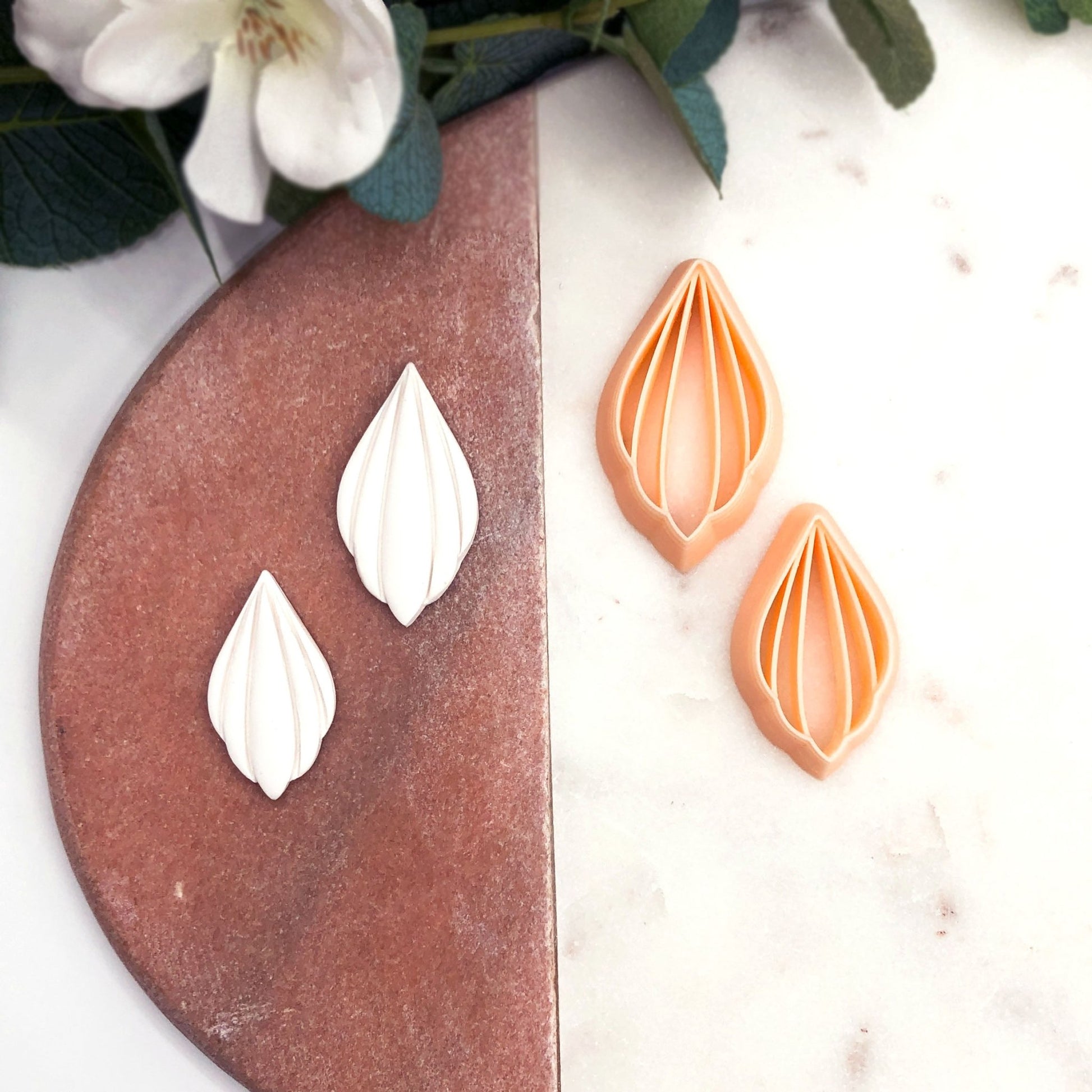 Petal drop clay cutter with viens stamp for polymer clay jewellery making.