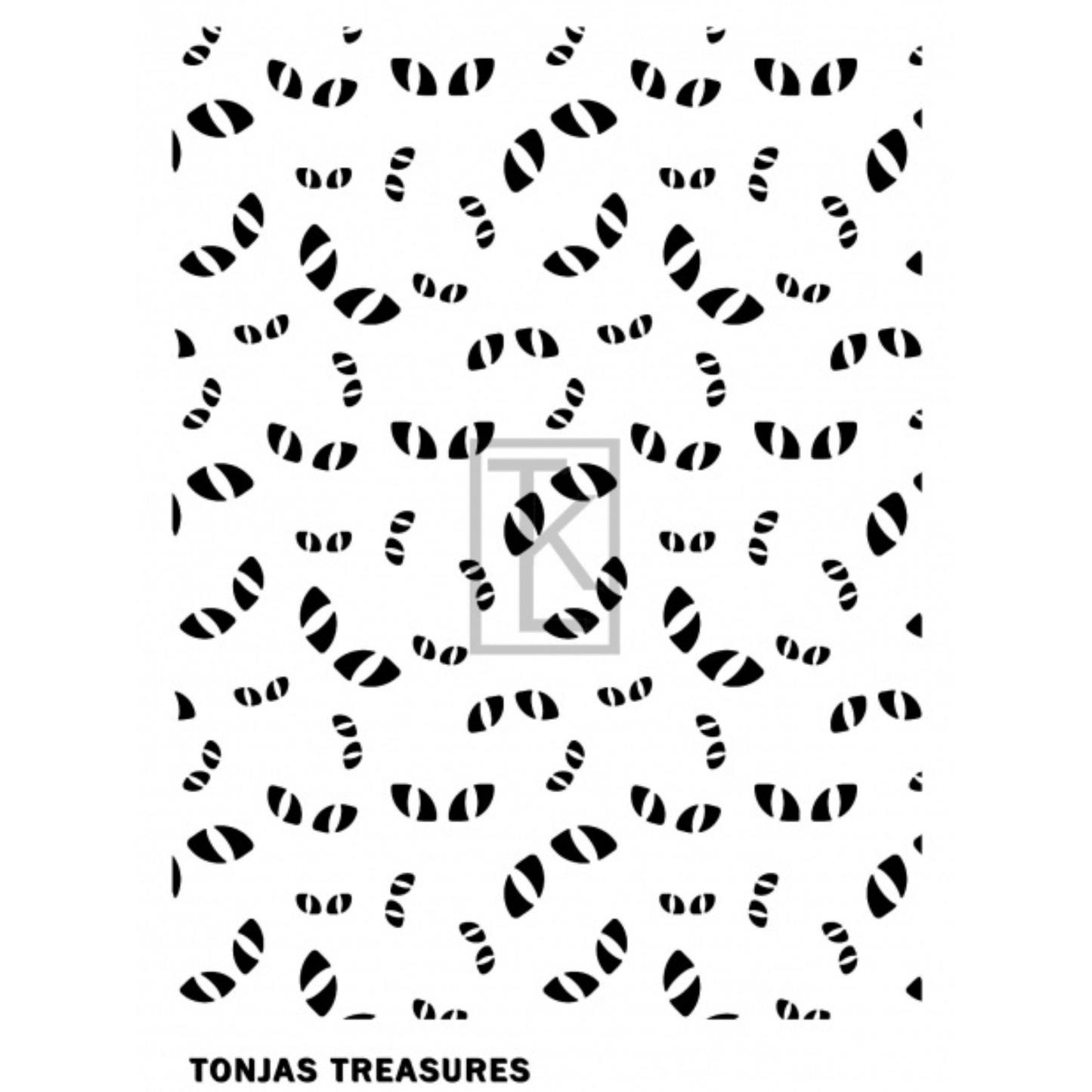 A repeating black and white abstract pattern like shapes on a white background, with the text 'TONJAS TREASURES' at the bottom.