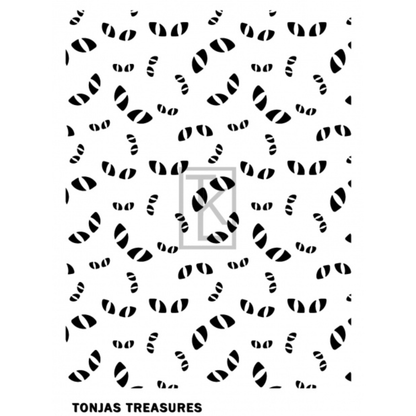 A repeating black and white abstract pattern like shapes on a white background, with the text 'TONJAS TREASURES' at the bottom.