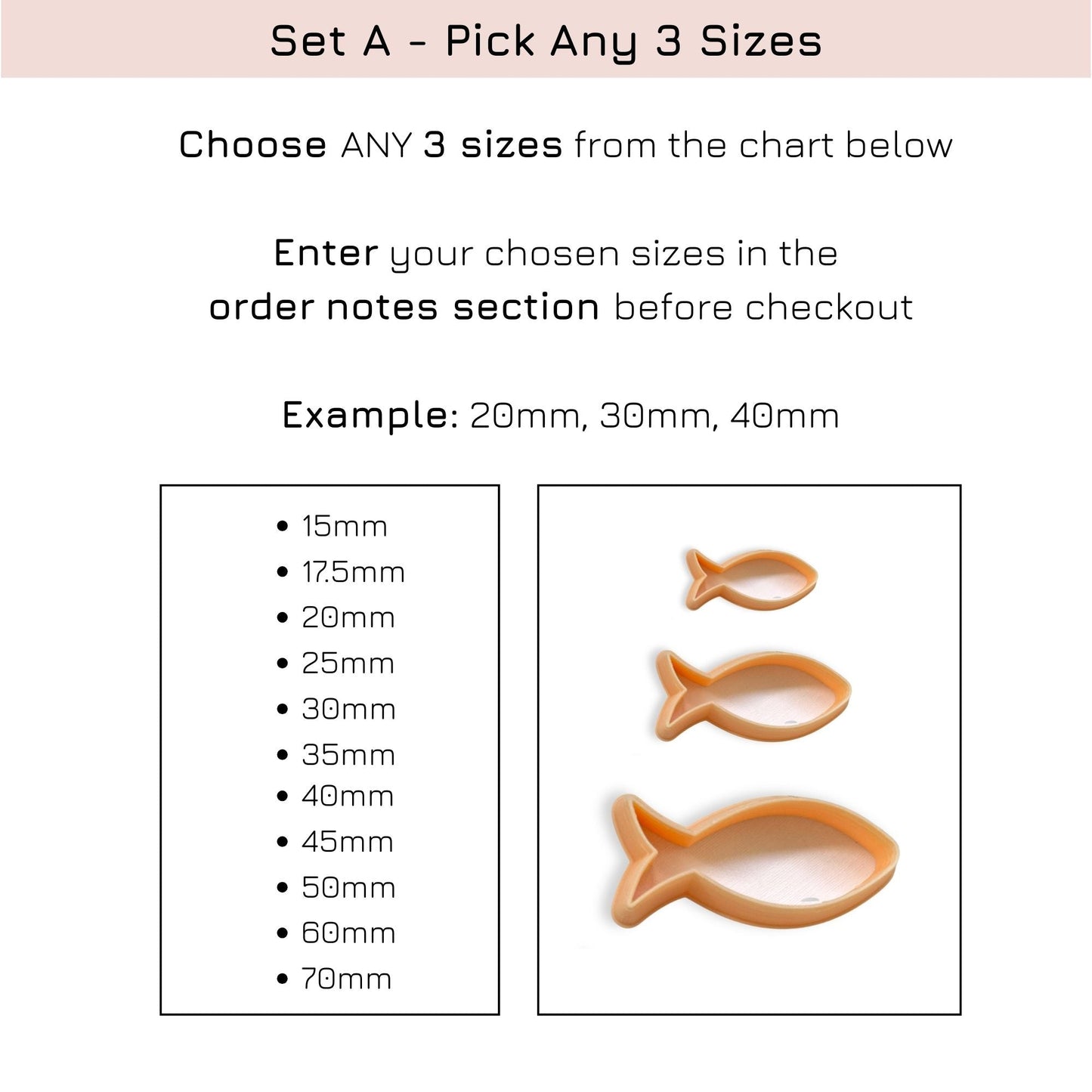 Set of 3 fish-shaped clay cutters - perfect for jewellery makers - choose any  3 sizes from 15-50mm, with product details on a white background