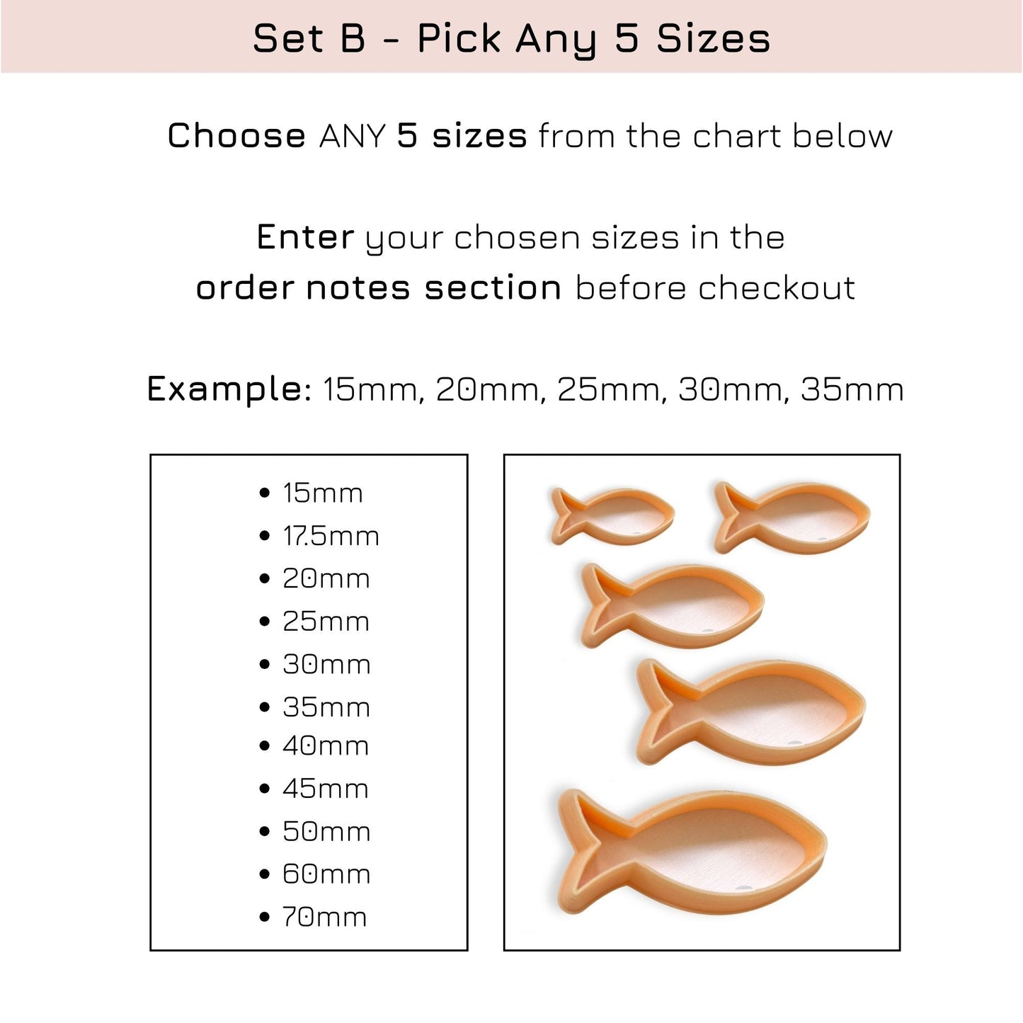 Set of 5 fish-shaped clay cutters - perfect for jewellery makers - choose any 5 sizes from 15-50mm, with product details on a white background