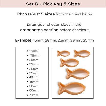 Set of 5 fish-shaped clay cutters - perfect for jewellery makers - choose any 5 sizes from 15-50mm, with product details on a white background