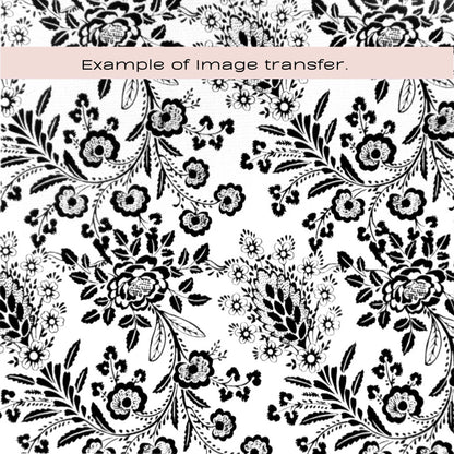 Black and white floral pattern swatch of a silkscreen pattern with a pale pink banner across the top reading 'Example of image transfer.'