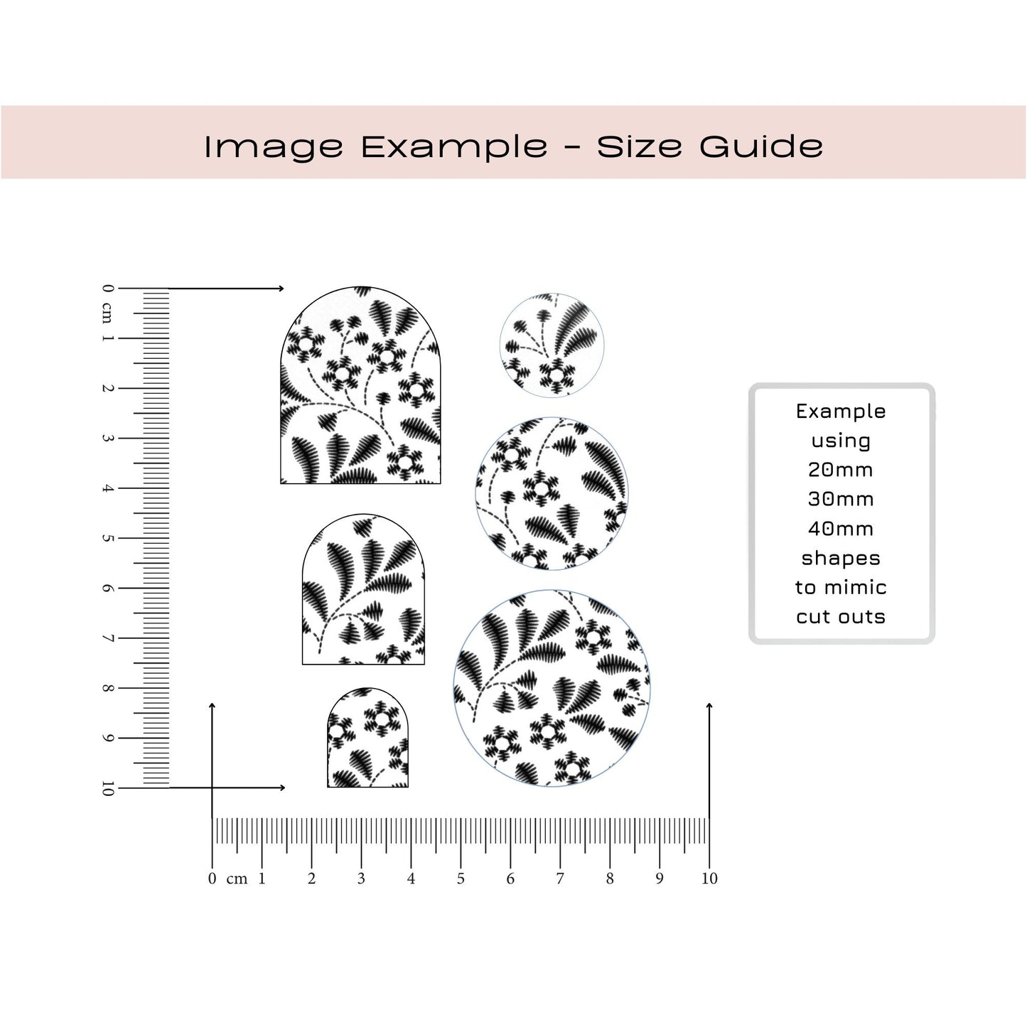 A size guide diagram showing black floral cut-out shapes with measurement rulers on the left and a note box on the right, under the heading 'Image Example - Size Guide'.