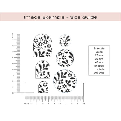 A size guide diagram showing black floral cut-out shapes with measurement rulers on the left and a note box on the right, under the heading 'Image Example - Size Guide'.