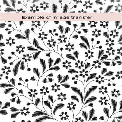 Black and white floral and leafy pattern shown as an example of a digital image transfer, with a pale pink banner across the top reading 'Example of image transfer.'.