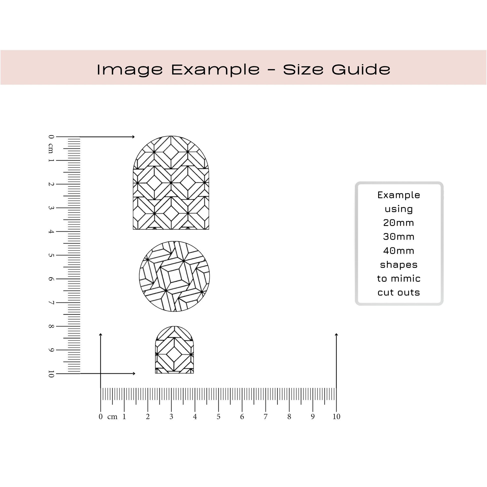 Silkscreen Size guide with geometric shapes and rulers on a white background