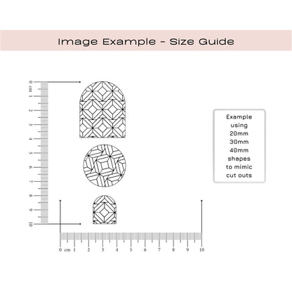 Silkscreen Size guide with geometric shapes and rulers on a white background