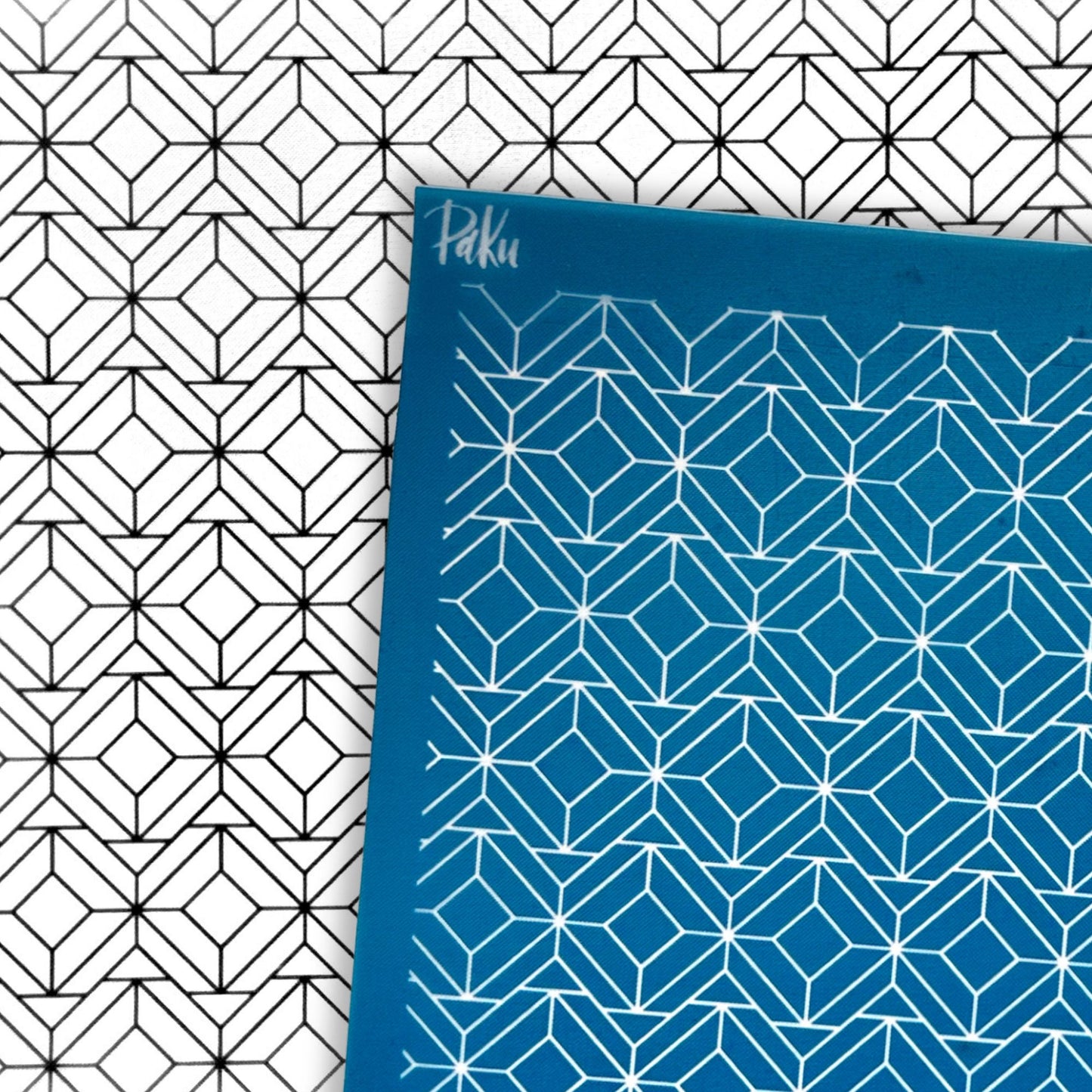 blue geometric patterned silkscreen stencil with the black and white example of image transfer, for polymer clay and cake making