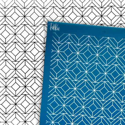 blue geometric patterned silkscreen stencil with the black and white example of image transfer, for polymer clay and cake making