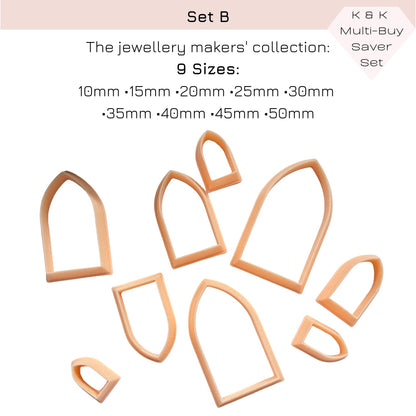 Gothic arch clay cutter for jewellery makers - set of nine sizes