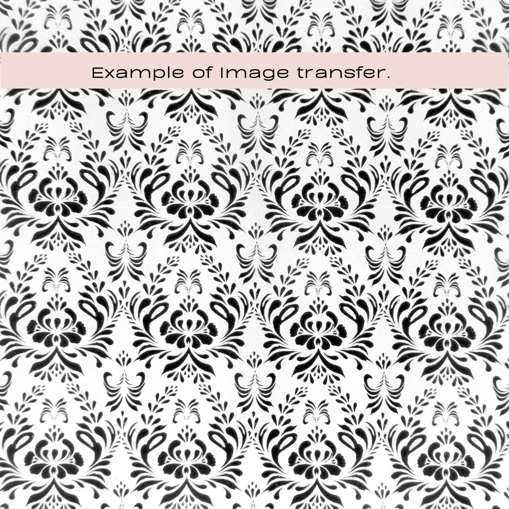 Black floral pattern on a white background with text 'Example of image transfer'. Greek silkscreen design.