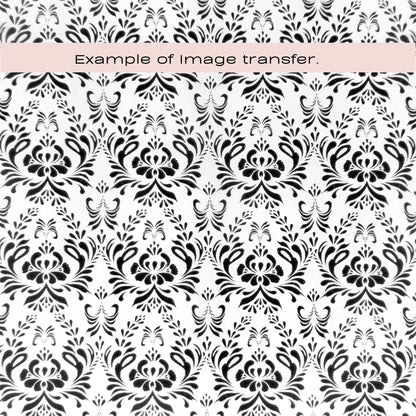Black floral pattern on a white background with text 'Example of image transfer'. Greek silkscreen design.