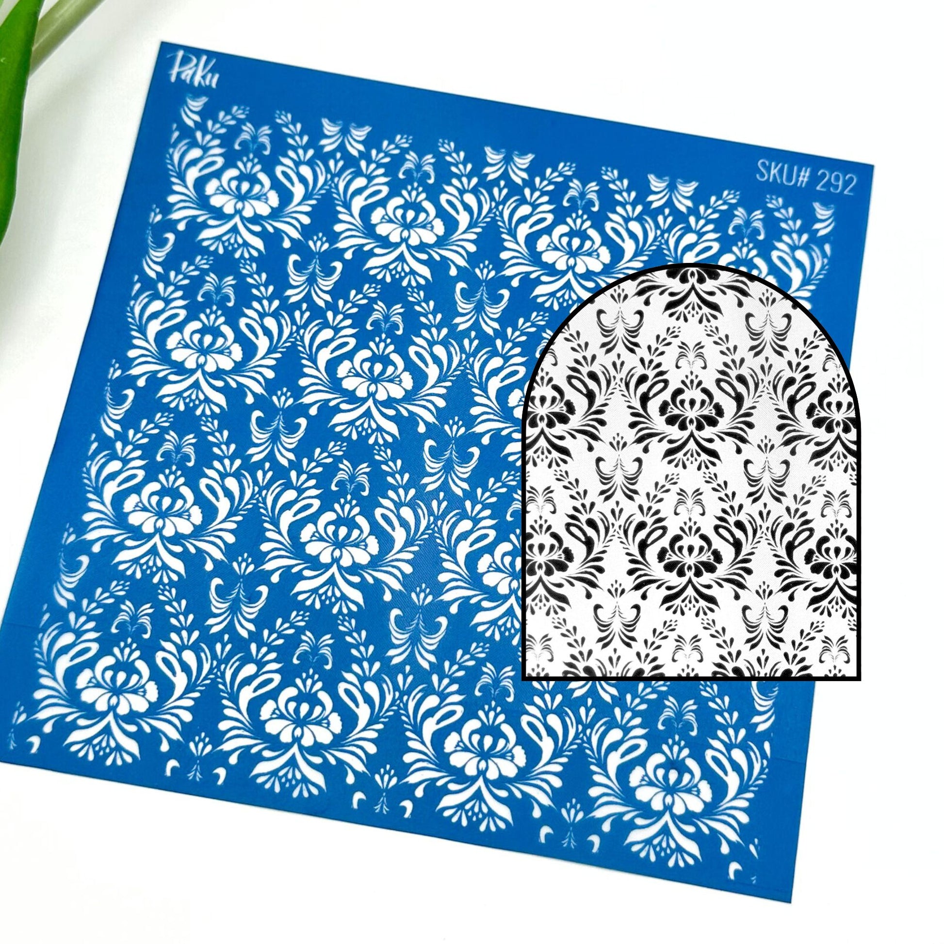 blue greek santorini patterned silkscreen stencil with the black and white example of image transfer, for polymer clay and cake making