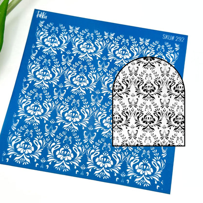 blue greek santorini patterned silkscreen stencil with the black and white example of image transfer, for polymer clay and cake making