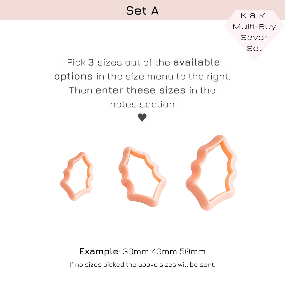 Informational graphic for a multi-buy saver set showing three peach-colored holly cookie cutters in increasing sizes on a white background, with text explaining how to pick 3 sizes from the available options.