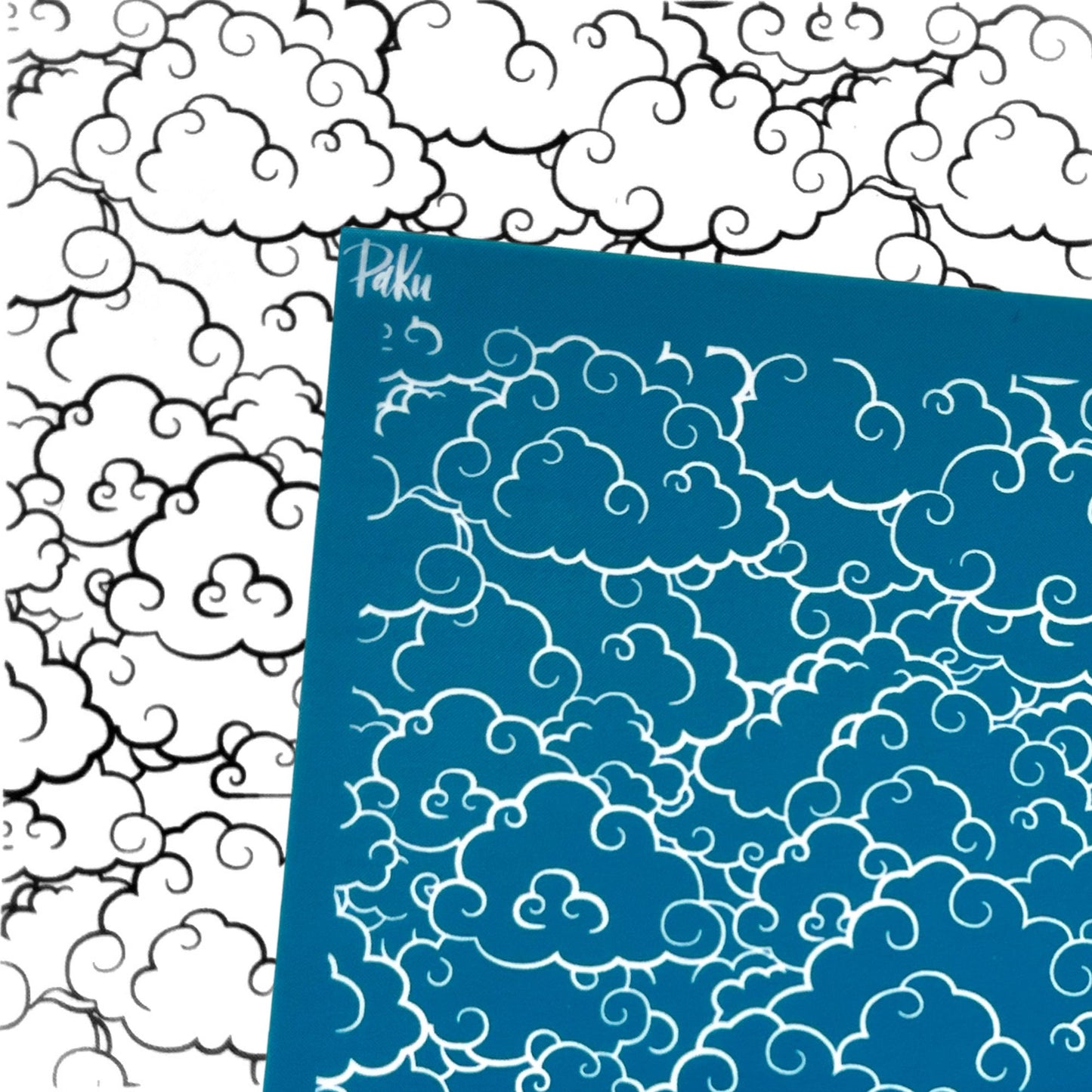 blue japanese inspired puffy cloud patterned silkscreen stencil with the black and white example of image transfer, for polymer clay and cake making