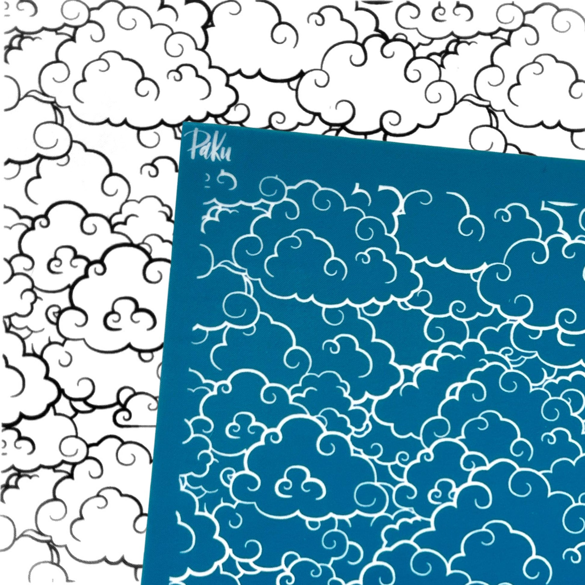 blue japanese inspired puffy cloud patterned silkscreen stencil with the black and white example of image transfer, for polymer clay and cake making