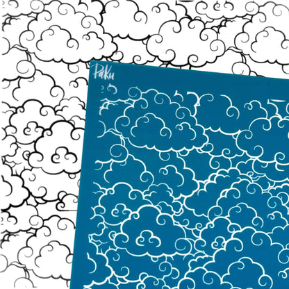 blue japanese inspired puffy cloud patterned silkscreen stencil with the black and white example of image transfer, for polymer clay and cake making