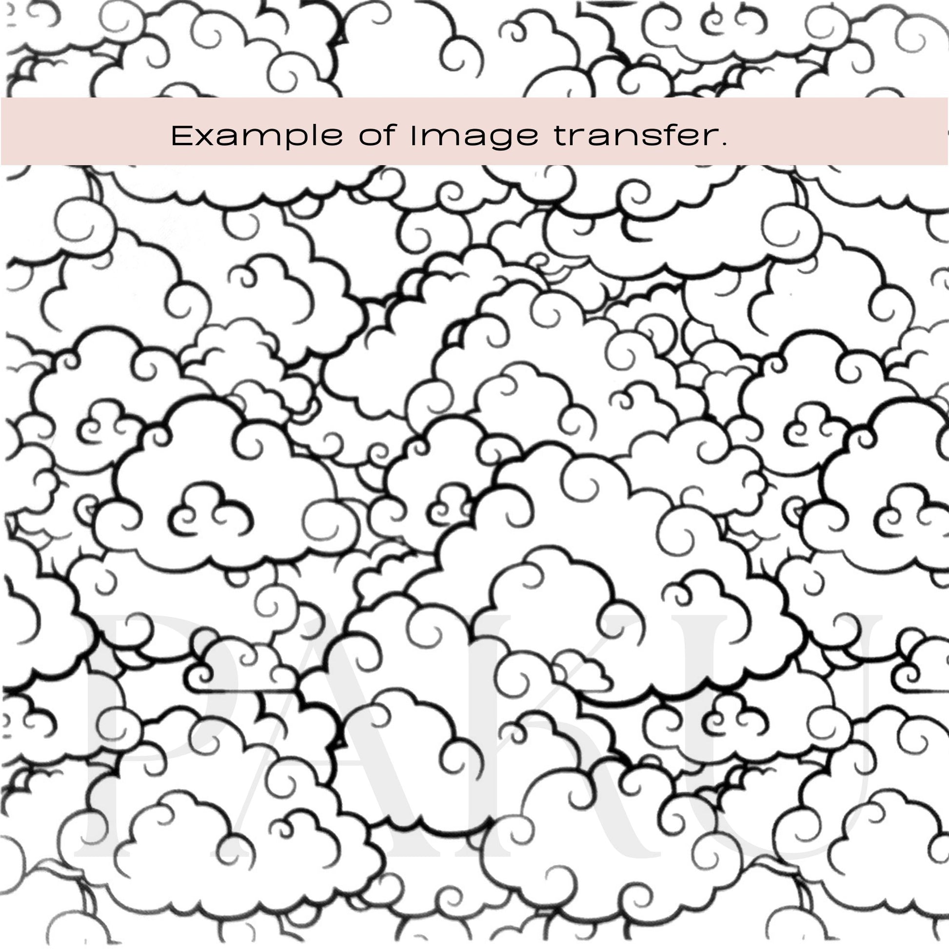 Black and white cloud pattern with a text box labeled 'Example of image transfer'.
japanese inspired puffy cloud patterned silkscreen stencil for polymer clay and cake making
